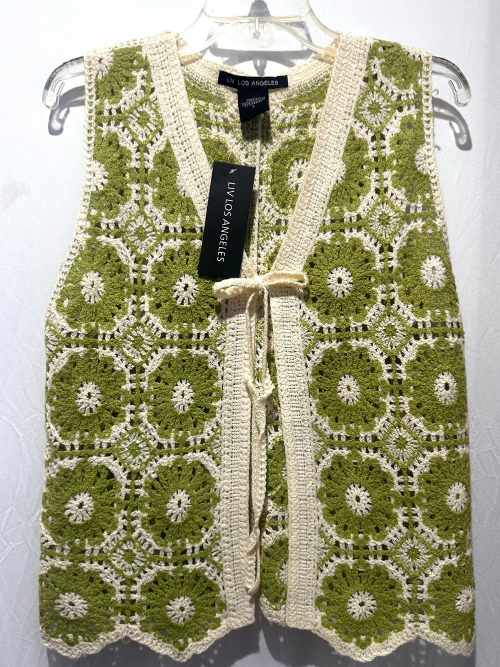 LIV LOS ANGELES Olive Green & Cream Crochet Vest - Size L